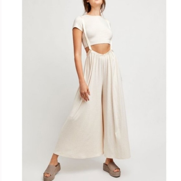Free People Pants - Free People Cream Wide-Leg Suspender Jumpsuit
